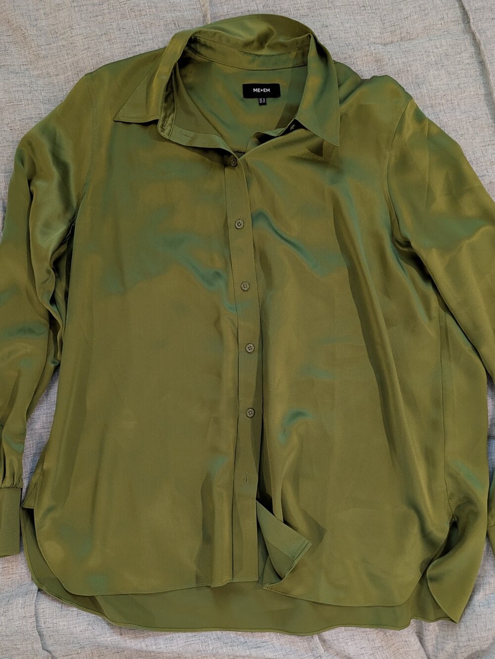 ME+EM Olive Green 100 % Silk Button-Down Blouse